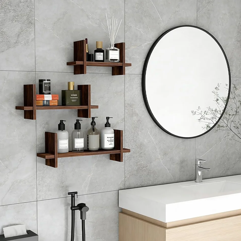Juego de 3 estanterías de pared de madera, de madera maciza, estantería flotante en diseño industrial, estantes colgantes para fotos, libros y decoración, para salón, dormitorio, cocina