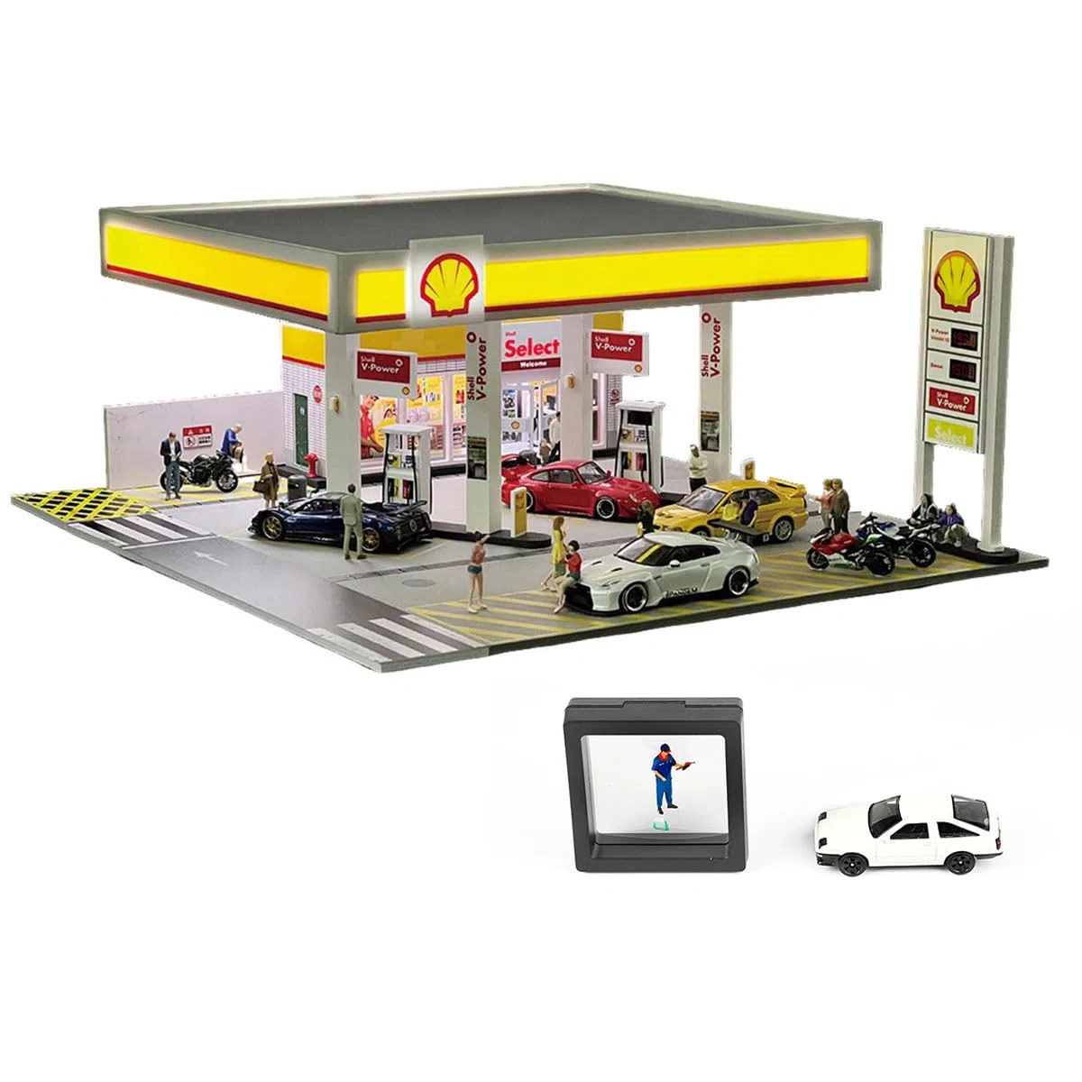 Shell Gasolineras Modelo Shell Gas Station 1:64 Diorama con coche y figura, Escena detallada en miniatura para coleccionistas