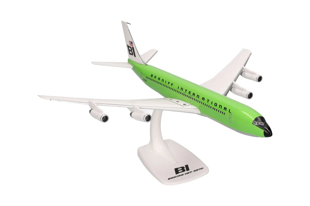 Herpa Miniatura del avión Braniff International Boeing 707-320 - Snap-Fit, Escala 1/144, Modelo prefabricado, maqueta de colección, modelismo, avión con Soporte, Figura plástico