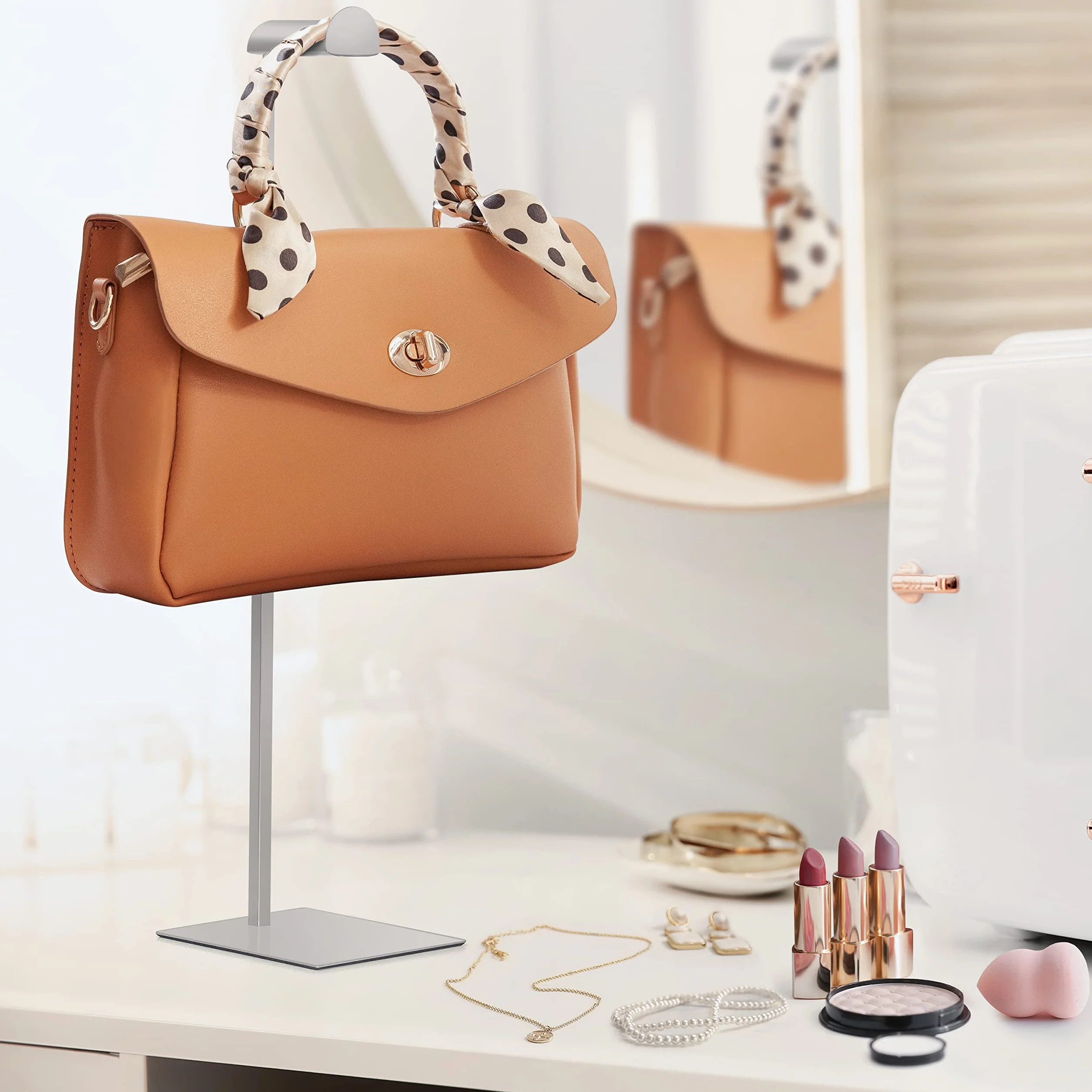 Perchero de Pie Ajustable para Bolsos [Pack de 2] - Soporte para Bolsos de Mano Multiusos - Colgador Bolsos de Acero Inoxidable Plata Metálico - Fácil Ajuste de la Altura, Base Plana Estable