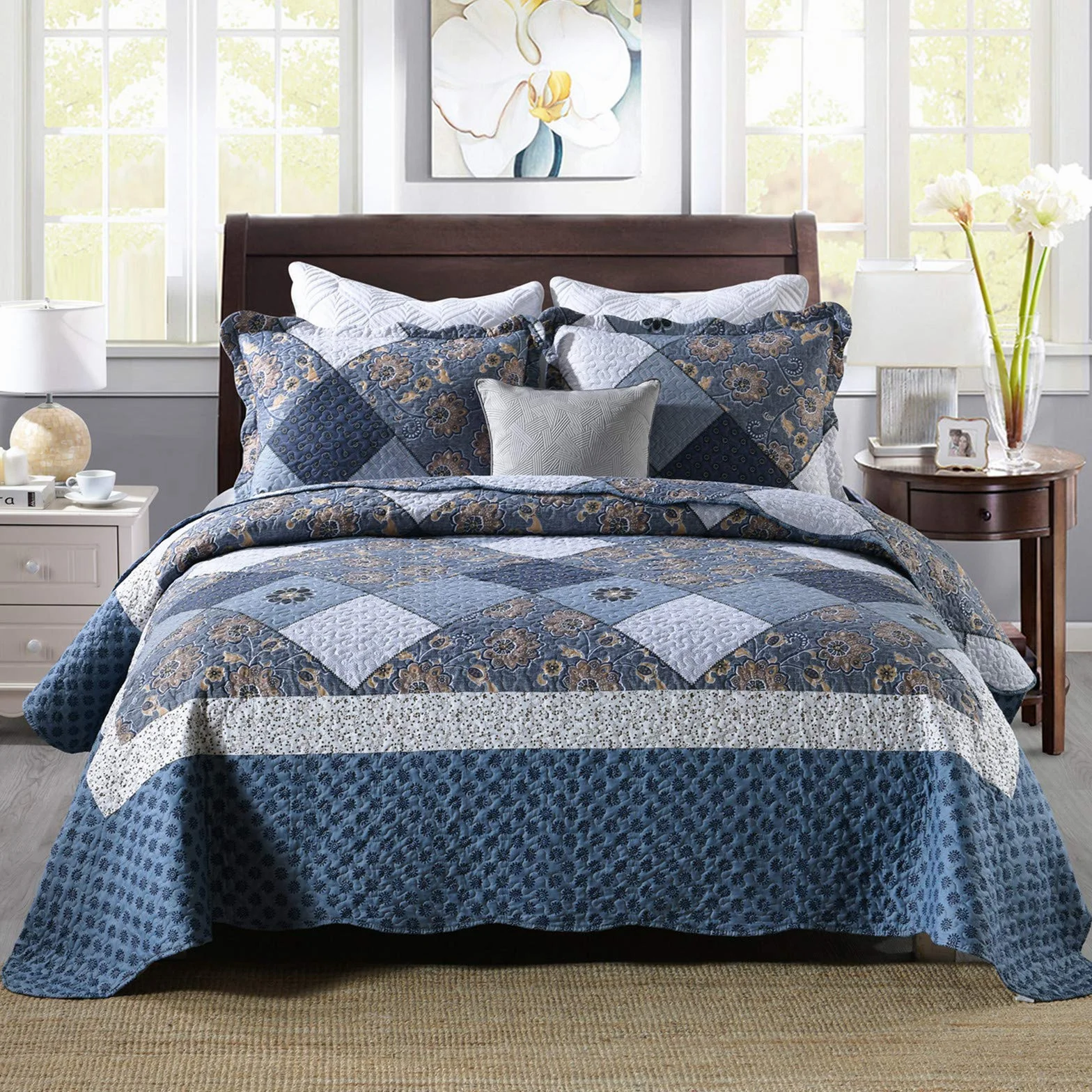 Qucover Cubrecama Patchwork para Cama 150 180,Colcha nordica bouti de piqué,Manta con Fundas de Almohada,Retazos Reversible para Matrimonio Verano King Size (Patchwork Azul, 230x250cm+50x70cm*2)
