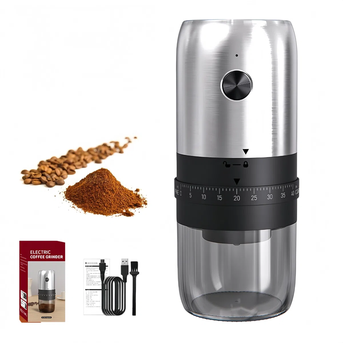 Molinillo de café eléctrico pequeño – Molinillo de café eléctrico con mecanismo de cerámica, grado de molienda ajustable (40 niveles), recipiente de granos de 25 g, funcionamiento silencioso con un