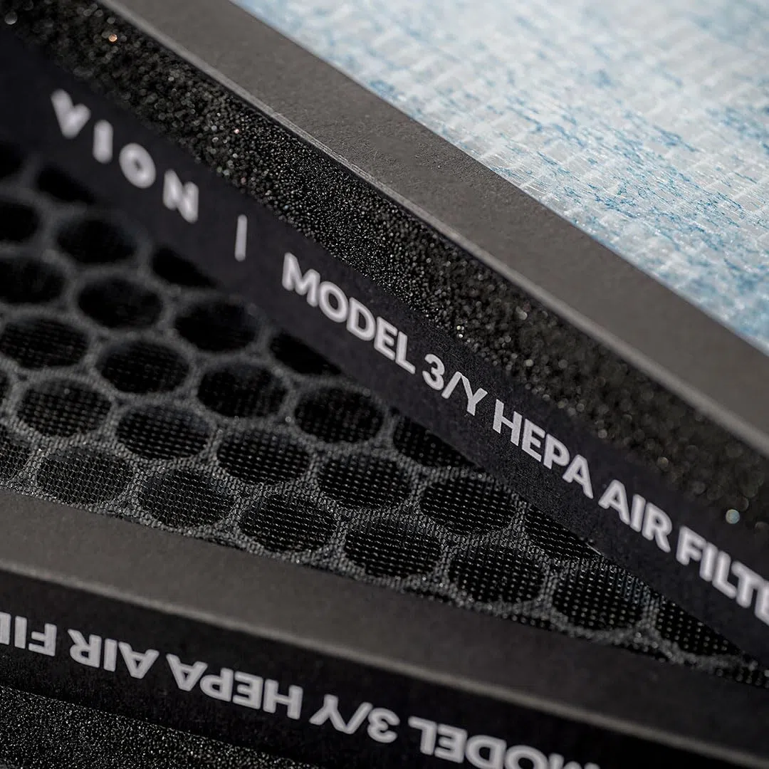 VION - Filtros de aire de carbón activado de grado HEPA N98 Tesla Model 3/Y, 2 paquetes con herramientas de extracción Model 3 y Model Y