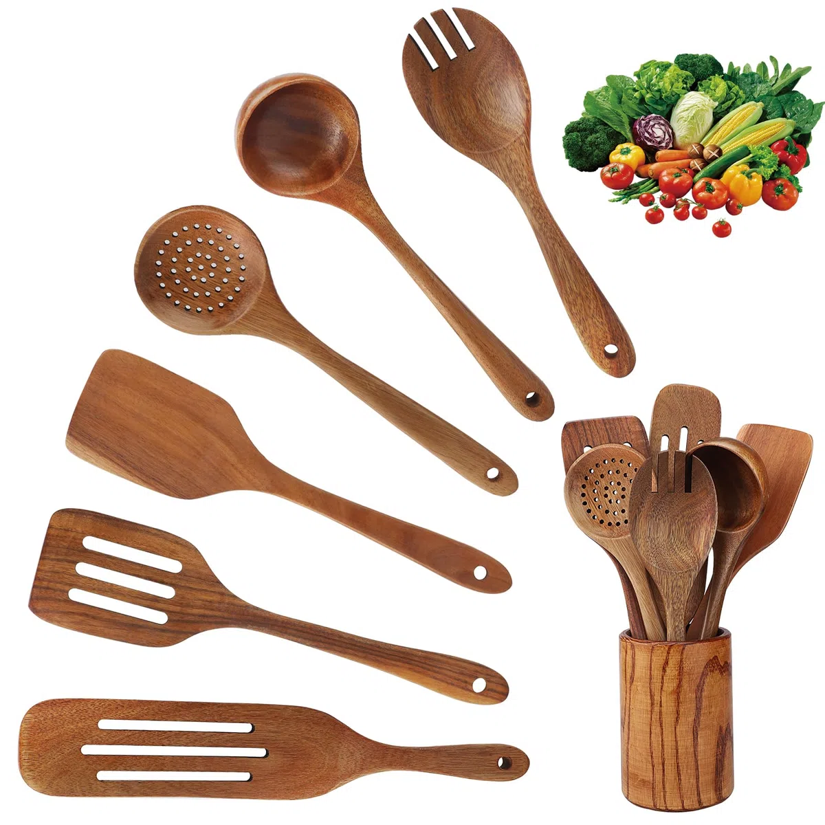 Utensilios de Cocina Madera de 7 Piezas,Madera de Teca,incluye un juego de Utensilios Cocina Madera,espátula de Madera,cuchara de Madera,Cucharón y Colador,adecuado para Sartenes antiadherentes
