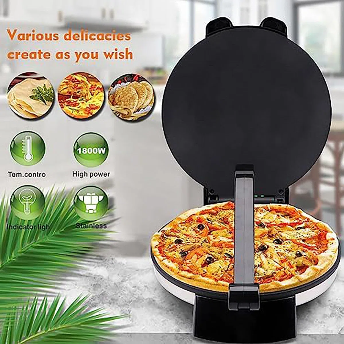Crepera De 12 Pulgadas, Máquina para Hacer Panqueques Antiadherente De 1800 W: FabricacióN Pita,CalefaccióN De Doble Cara + Indicador Led, Haga Chapati/Tortilla FáCilmente