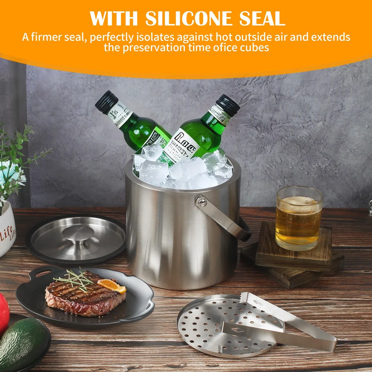 3litros Cubitera de Acero Inoxidable de con Clips y Colador,Cubeta para Hielo con Aislamiento de Doble Pared,para Fiestas, Ares, vinos refrigerados, Champán, Cerveza, Cócteles