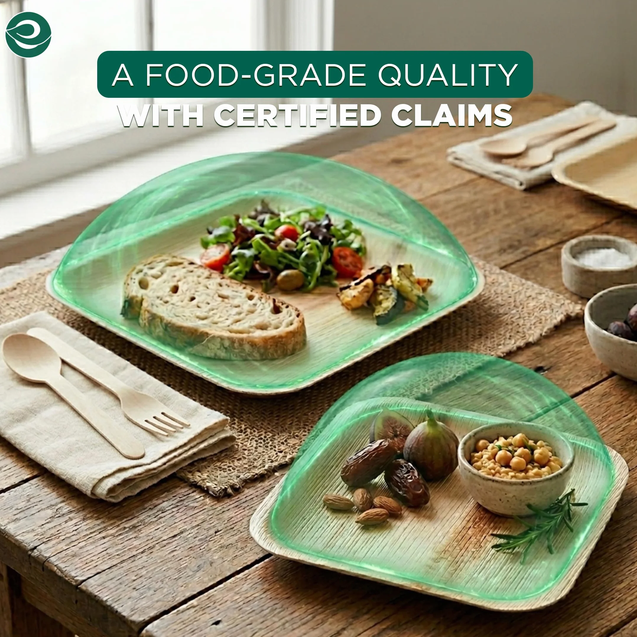 ECO SOUL Disposable Plates | Premium, natural, apto para alimentos, resistente, compostable, ecológico, biodegradable, fiestas, bodas, barbacoas
