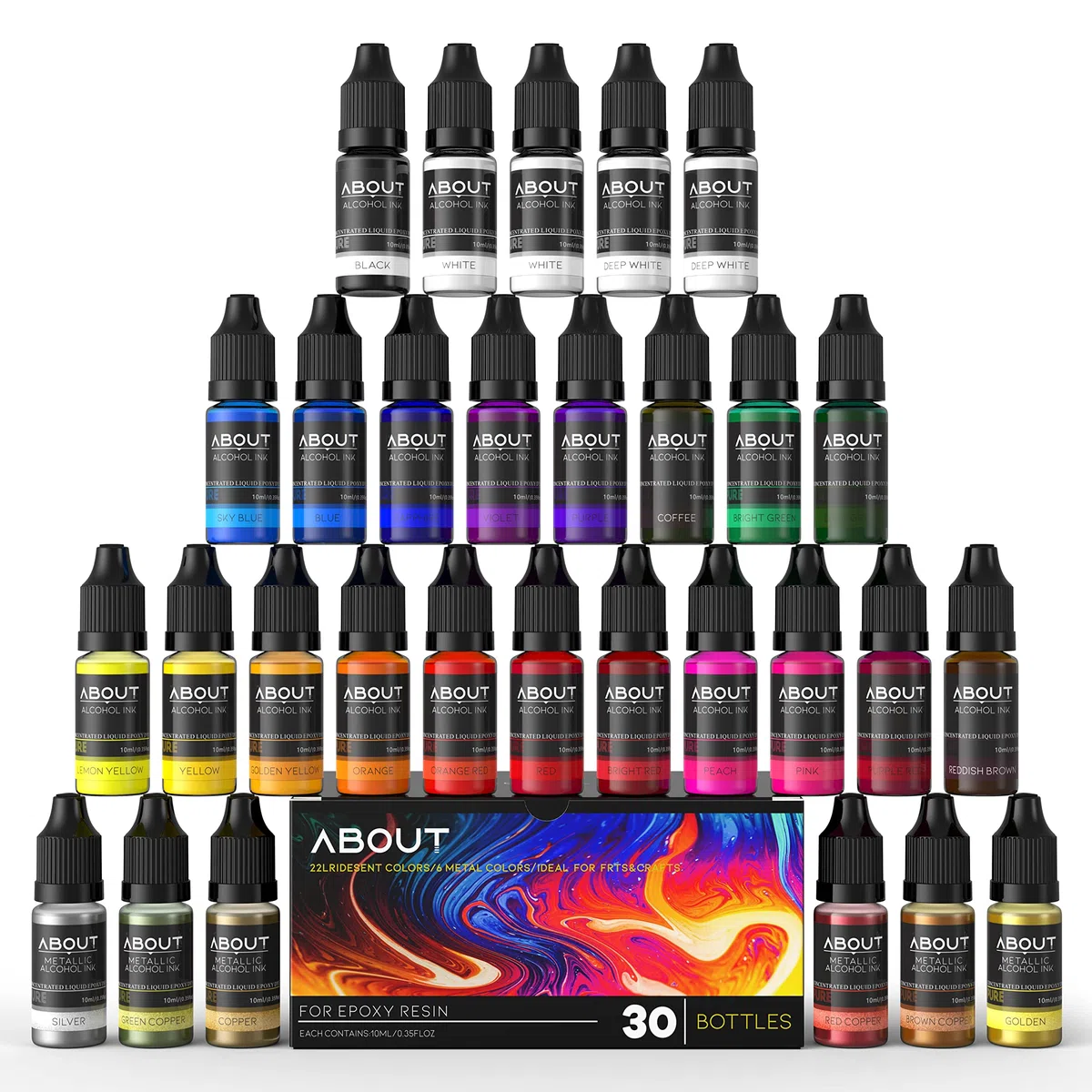 Juego de 30 colores de tinta de alcohol, resina epoxi concentrada, tinte de resina alcohólica para manualidades, pintura y joyas, 10 ml cada uno