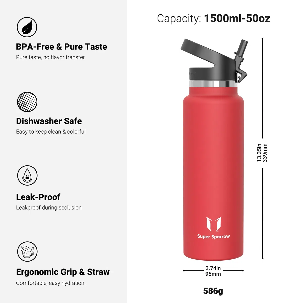 Super Sparrow Botella de Agua Acero Inoxidable - Botella Termica Boca Ancha con Paja 1.5L - Sin BPA, para Gimnasio, Deporte, Oficina, Yoga, Ciclismo