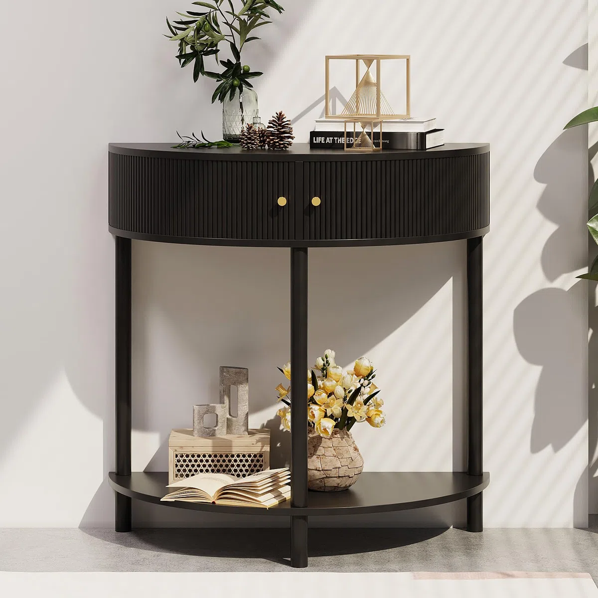 Trironsun Mesa de consola de media luna con espacio de almacenamiento, mesa de pasillo estrecha con 2 cajones, asas y estantes dorados, mesa auxiliar de madera boho para sala de estar, dormitorio o