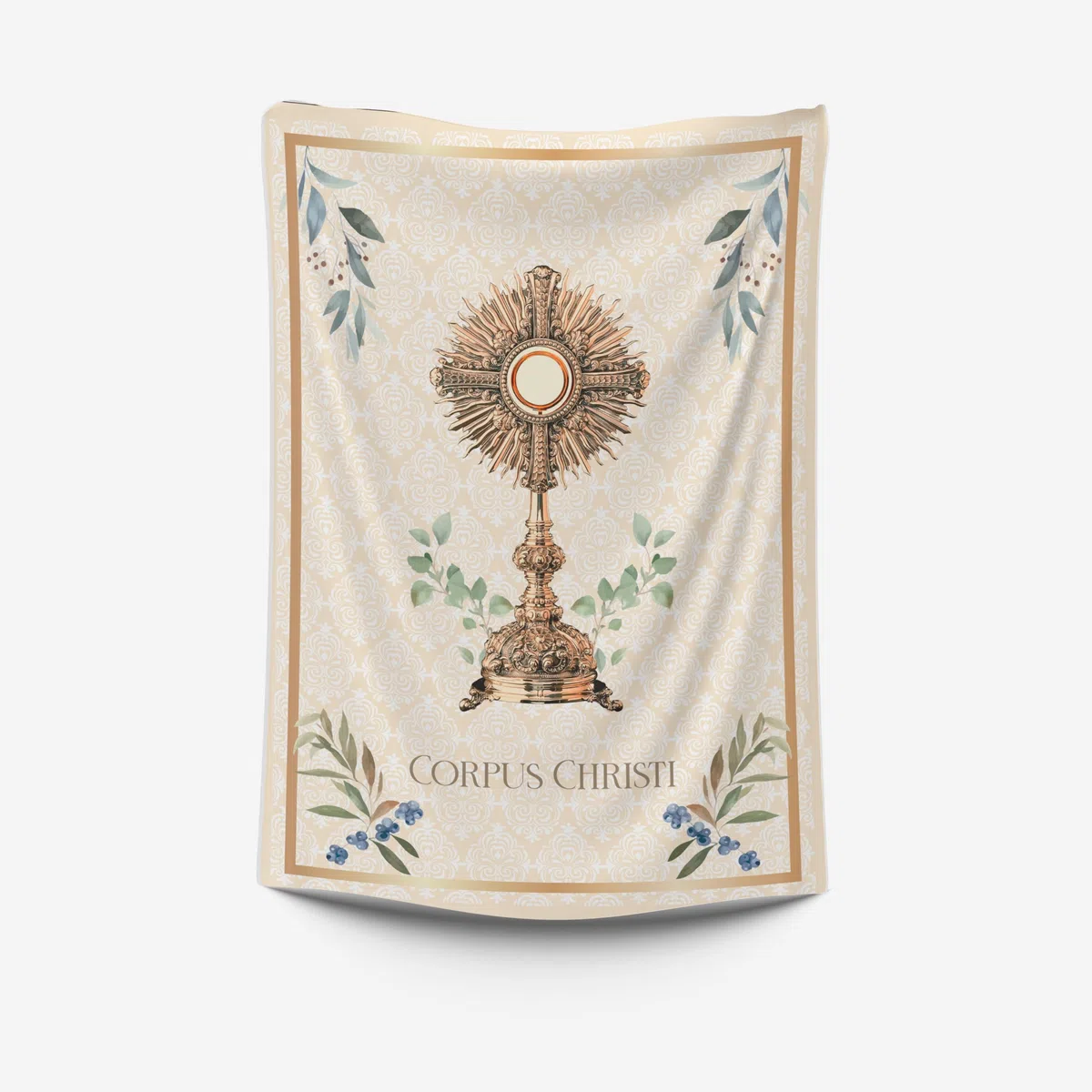Balconera Corpus Christi Semana Santa Religiosa. Decoración religiosa de tela 70x100 cm. Colgadura con damasco blanco. Beige. Flores. Decoración balcón. Tela impresa con imagen Corpus Christi (3)