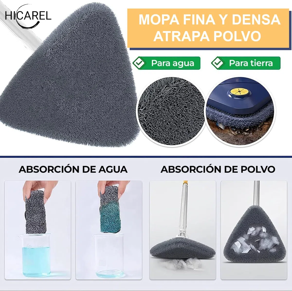 Mopa Triangular Giratoria 360 Autoescurrible de Microfibra, Mopa para Limpiar Azulejos y Paredes, Colgador, 6 Recambios, Manual y Trucos. Fregona Autoescurrible, Suelos, Techos y Ventanas.