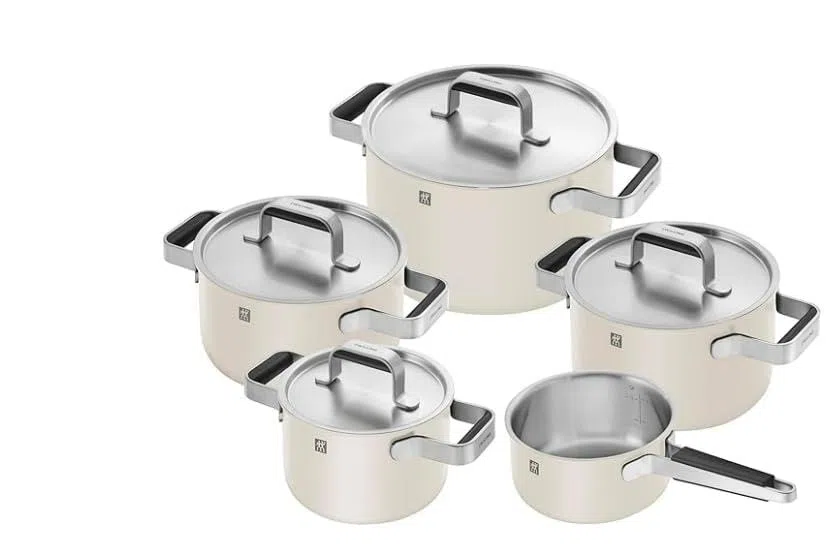 ZWILLING PURE - Juego de 5 cacerolas (5 piezas, acero inoxidable 18/10, revestimiento exterior de cerámica, asas Stay Cool), color blanco