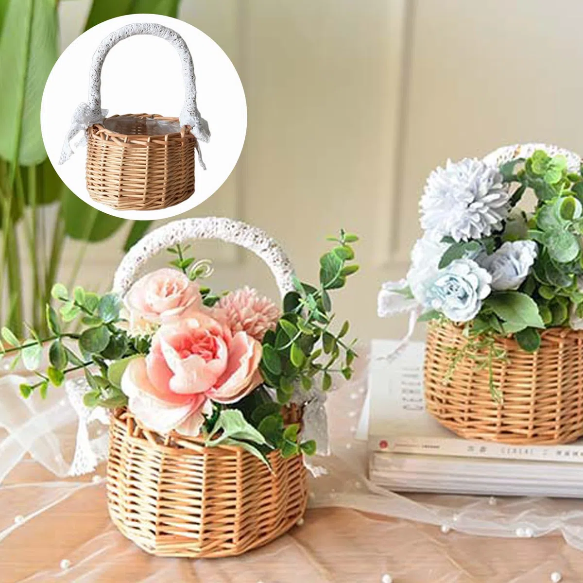 2 Piezas Cestas Pequeñas Mimbre Con Asa, Cesta Setas Mimbre, Cesta De Flores Secas, Cestas Tejidas Con Lazo, Cestitas De Pequeñas, Para Boda Ceremonia Fiesta, Decoración Del Jardín (A, Pequeño)