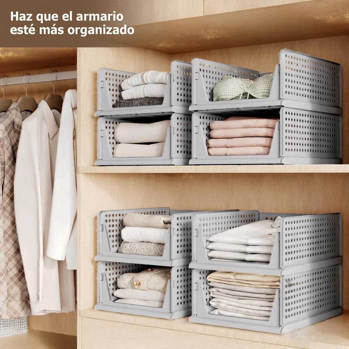 4 Pcs Organizador Armario, Cajones Extraibles Apilables y Plegables para Armarios, Cajas Almacenaje Ropa de Plastico,Separadores para Ropa Cocina Dormitorio Baño - 33 x 43 x 18 cm, Gris Oscuro