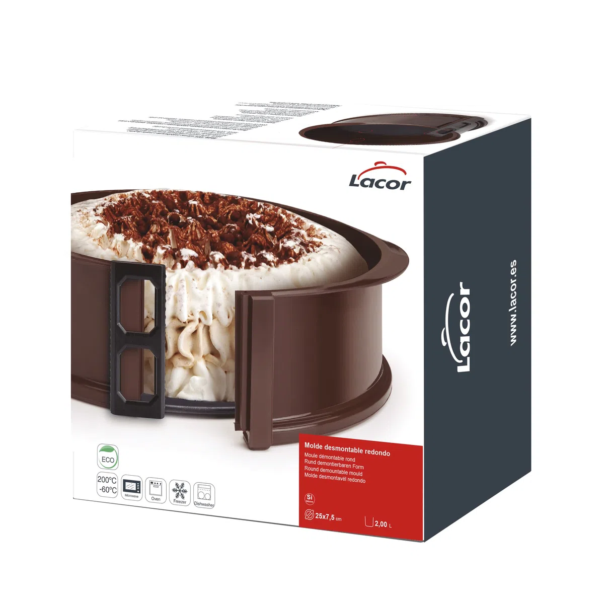 LACOR 66775 Molde Desmontable Redondo de Silicona, Molde de reposteria, Silicona alimentaria antiadherente, Cierre seguro, Ideal para Pasteles y Tartas, Base de cristal, Marrón, 25 x 8 x 10 cm
