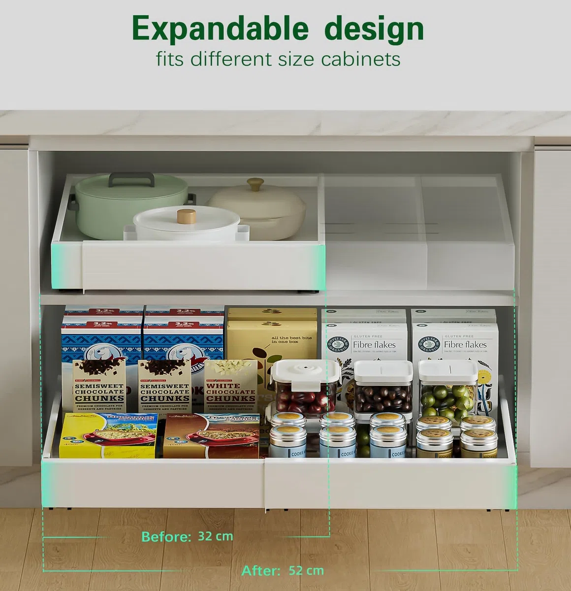 Cajones Extraibles Para Cocina 1 Pack, Cajon Telescopico Adhesivo No Es Necesario Taladrar, Anchura Ajustable Cajones Deslizantes Para Cocina, Organizador Armario Cocina(Blanco 32-50cm)