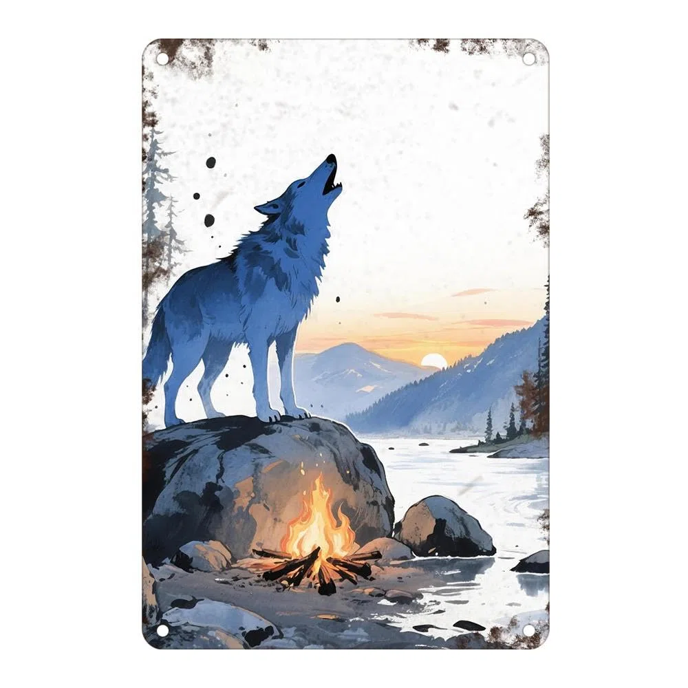 Cartel De Chapa Lobo Azul Aullando Junto A Una Fogata En La Orilla del Río Cartel De Metal Classic Decoración De Pared Póster, para Restaurantes, Cocina, Bar, 30x40cm