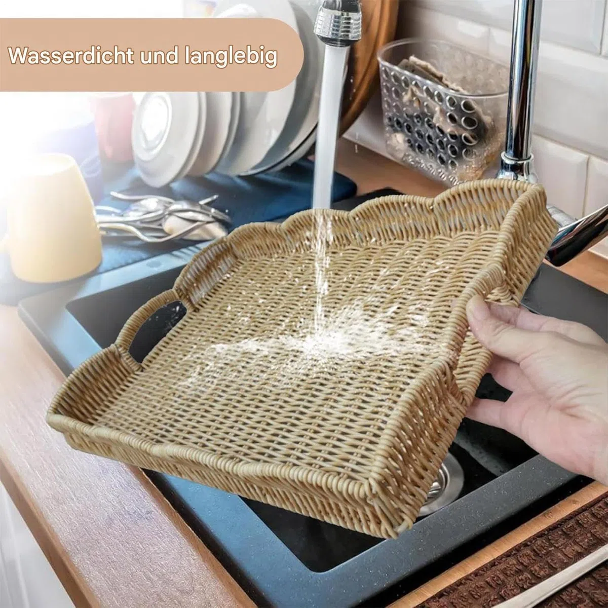 Bandejas decorativas de ratán tejido para desayuno, sala de estar, dormitorio, sofá, al aire libre, terraza, camping, picnic, fiestas familiares, diseño de borde ranurado