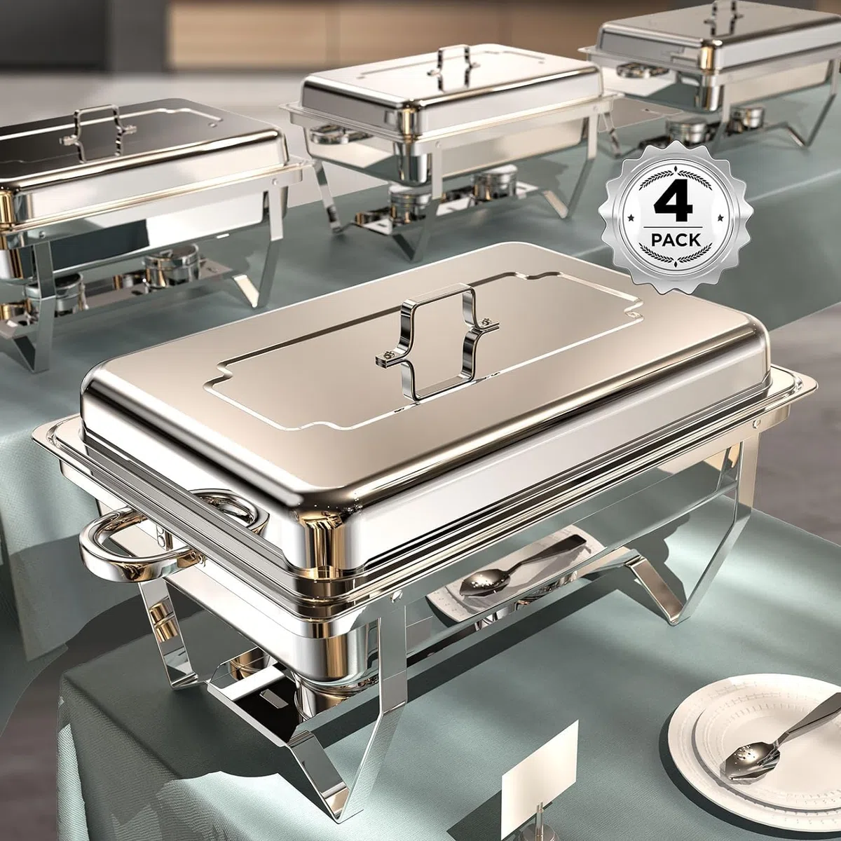 Juego de 4 platos para rozaduras para buffet, 9 cuartos de galón [sin corte de dedos] Juego de platos de frotamiento con diseño de borde enrollado [acabado pulido similar al espejo] calentadores de