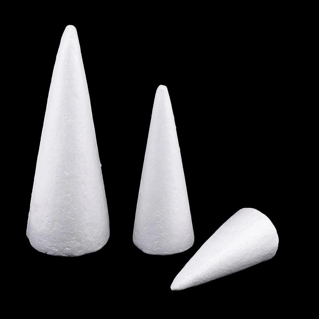 Juego de 3 conos de poliestireno sólido blanco (15 cm, 20 cm, 25 cm) – Decoración para árbol de Navidad, suministros artísticos para niños