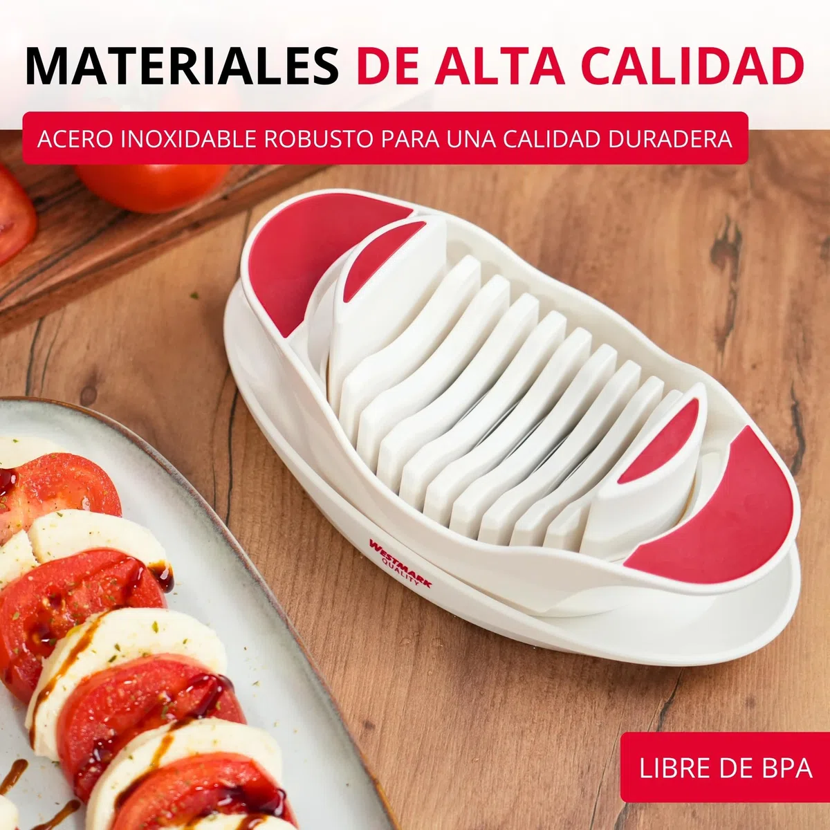 Westmark Cortador de tomate y mozzarella con plato de corte y cuchillas dentadas, Acero inoxidable / plástico, Blanco / rojo, 11572260