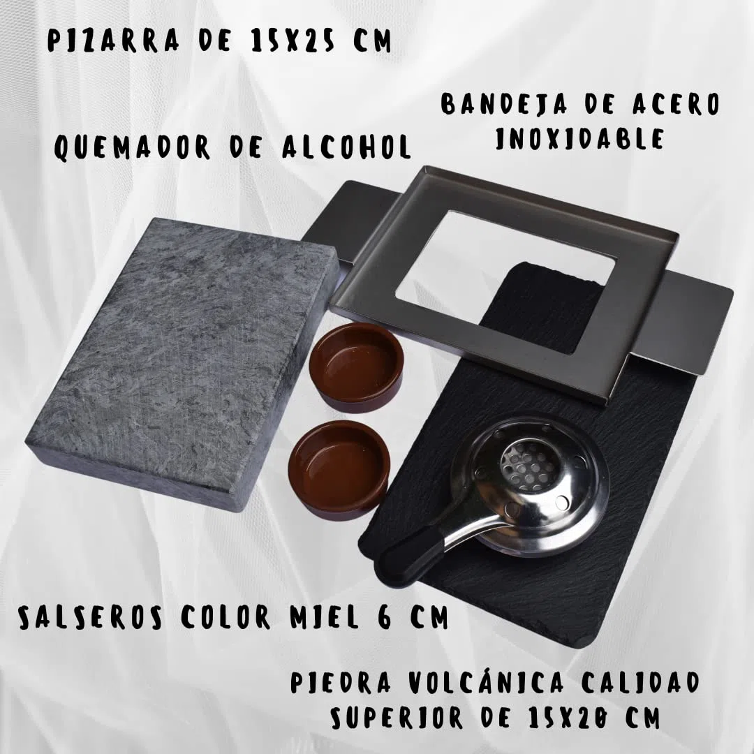 Piedra para asar carne de 15x20 con quemador y plato de pizarra Modelo deluxe