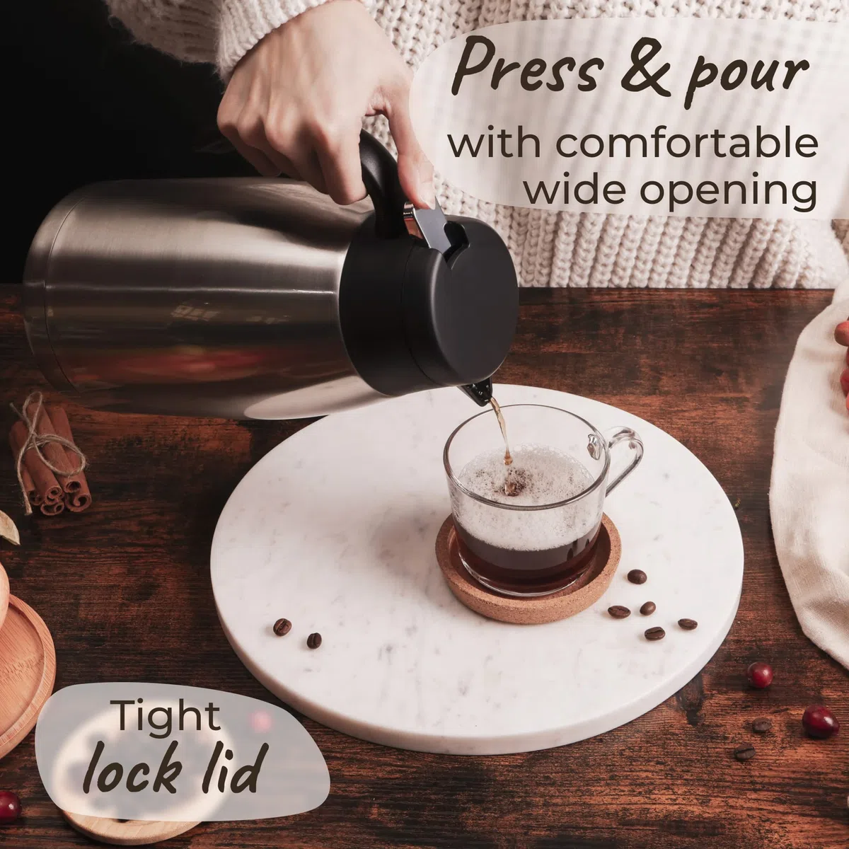 Termo para Cafe - 2 L - Agua Aislada al Vacío 24HR 60C - Jarra Termica Grande de Acero Inoxidable para Mantener tu Bebida Caliente - Cepillo Gratis