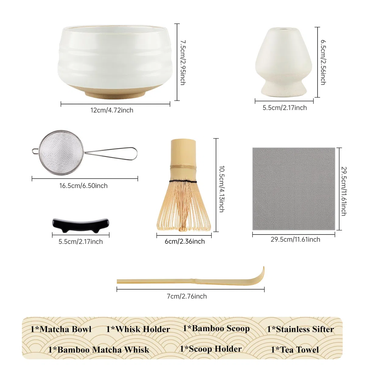 matcha Set de 7 piezas, broom, tea set con cucharilla, soporte para batidora, escoba, pala y tamiz, accesorios tradicionales de ceremonia japonesa de té, mejor regalo, blanco