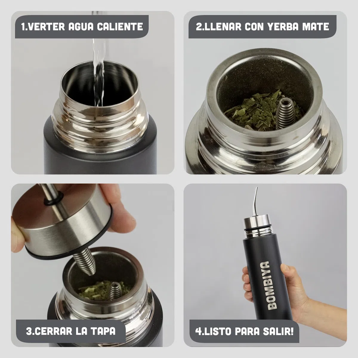 Termo mate autocebante con todas sus partes de acero inoxidable – Kit todo en uno solo agrega tu yerba – 2 en 1 cambiando su tapa es un termo clásico – La evolución del mate listo (Negro)