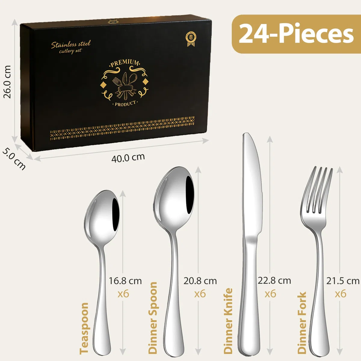 Juego de cubiertos de plata, 24 piezas de acero inoxidable pulido espejo, juego de utensilios de cocina para 6 personas, vajilla para el hogar y el restaurante con caja de regalo