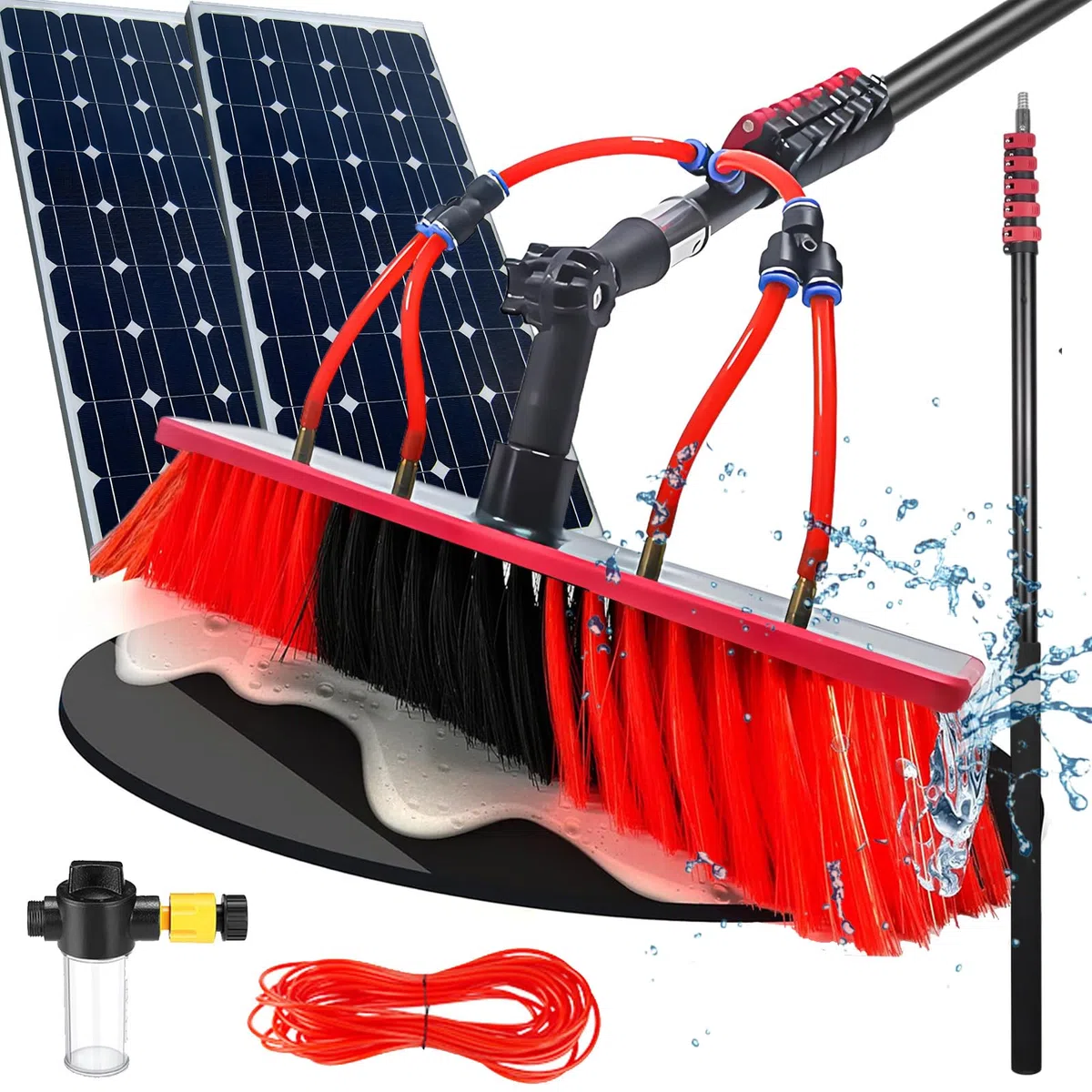Genérico Cepillo telescópico para Ventanas (3,6-10,8 m), Extensible, con Tubo de alimentación de Agua, ángulo Ajustable y dispensador de jabón. Conector de Manguera común para Paneles Solar