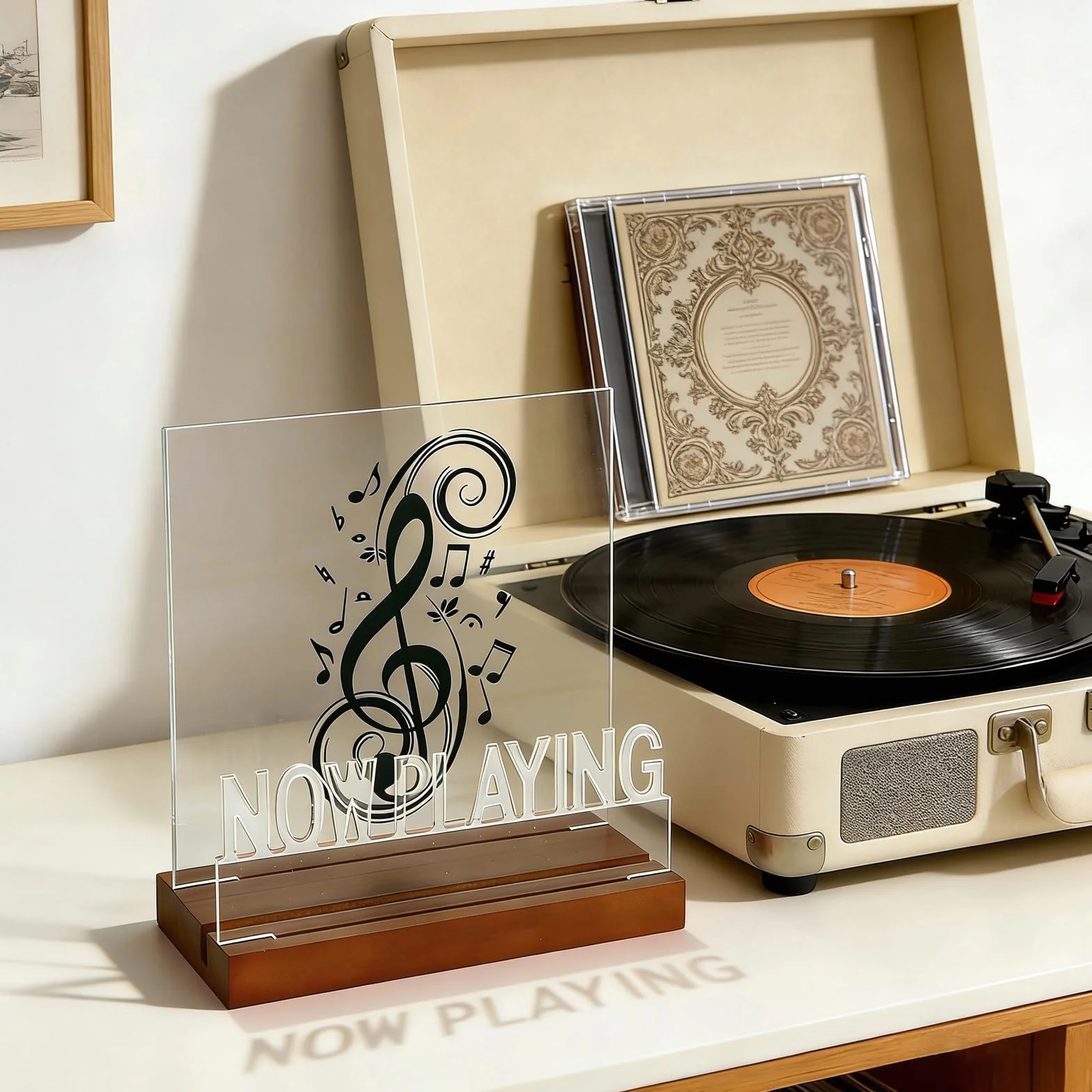 Soporte para Discos de Vinilo iluminados, Now Playing Vinyl Stand, Exhibición Acrílico de Madera con Luces de Color Blanco para Almacenamiento y Colección de álbumes, Regalo para Amantes de Vinilos