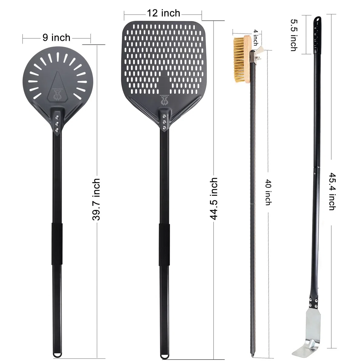 Pala giratoria de pizza de 9 pulgadas, cepillo perforado para pizza y cepillo para pizza, rastrillo de ceniza, juego de utensilios de horno de pizza comercial de leña con mango de