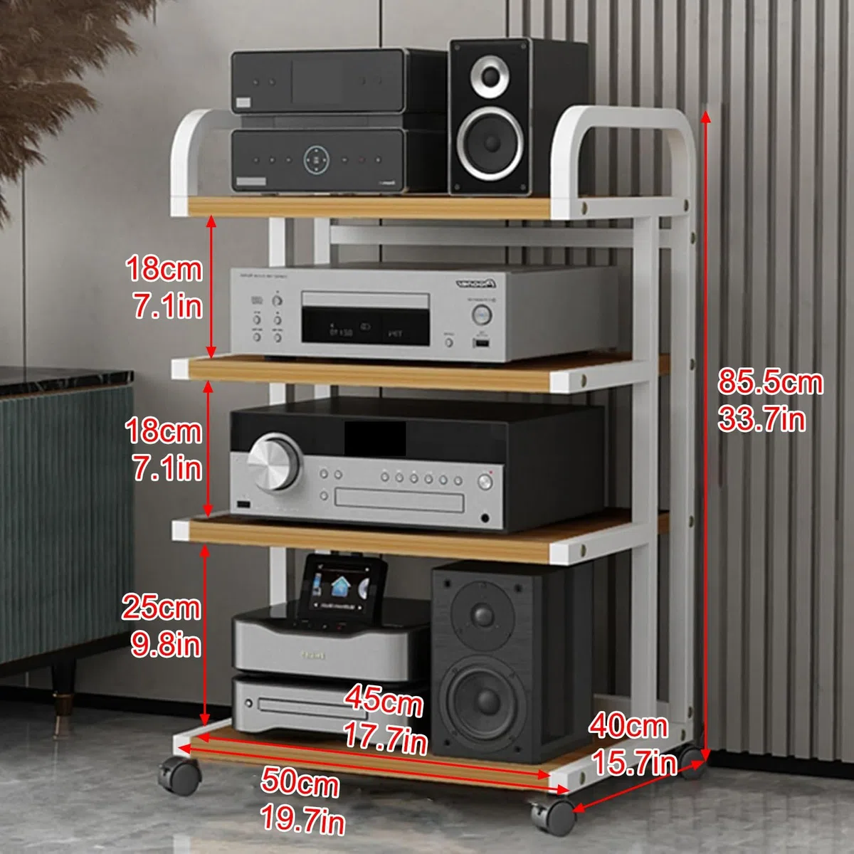 Soporte de medios AV resistente, gabinete estéreo y reproductor de discos, torre de audio y CD, solución de almacenamiento AV para sala de estar, oficina y estudio de grabación (negro, 85,5 x 50 cm)