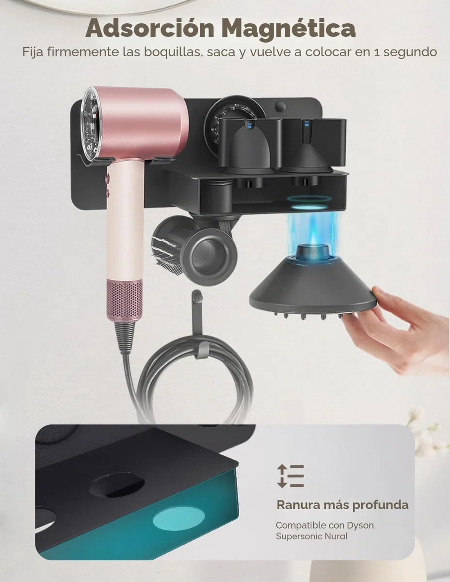 Soporte para Secador Sin Perforación, Soporte Secador de Pelo Compatible con Dyson Supersonic Nural, Soporte Secador de Metal, Acomodar 5 Boquillas