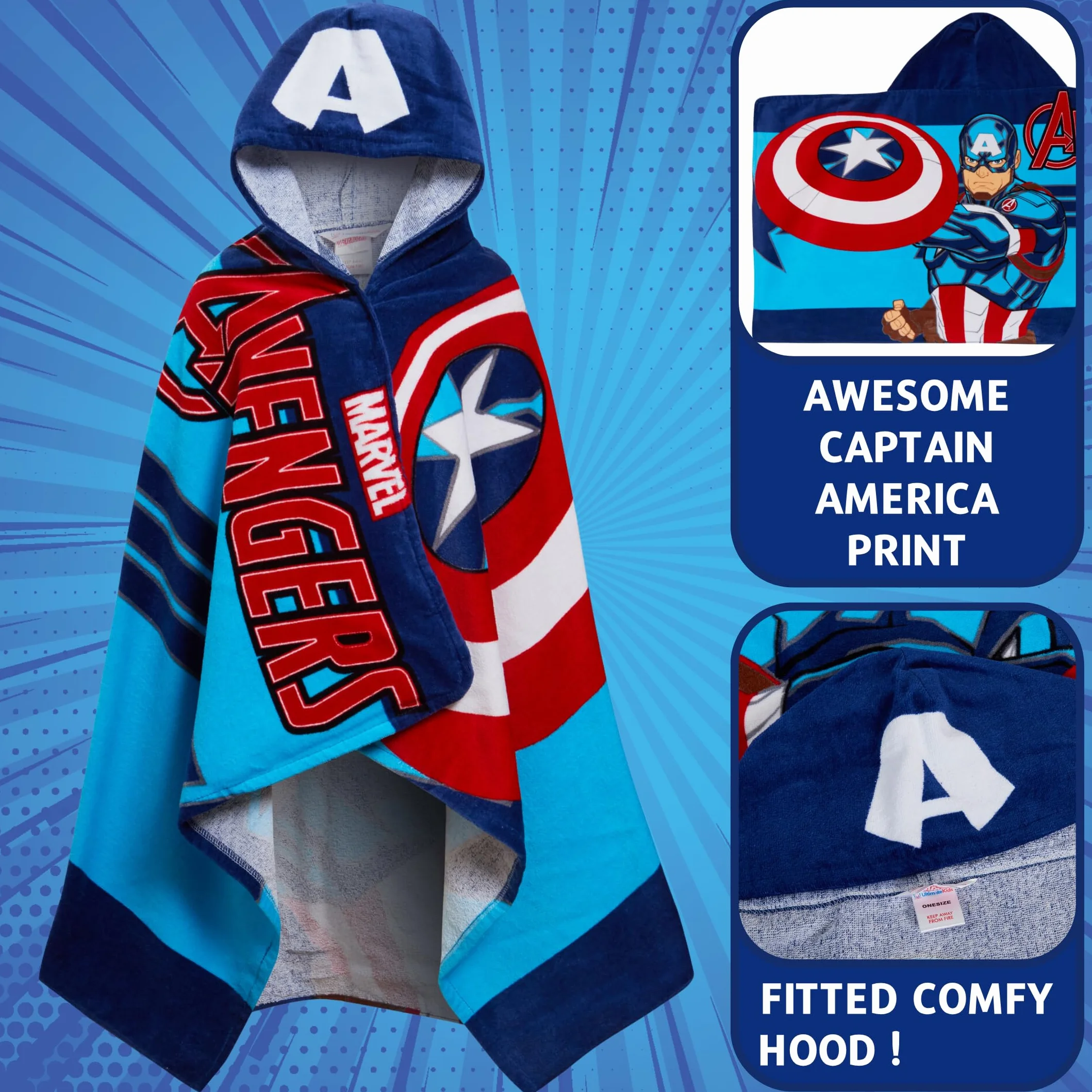 Toalla con capucha Captain America 100% algodón Marvel Avengers Poncho Toalla de playa para niños Toalla de baño Bata de baño para chicos