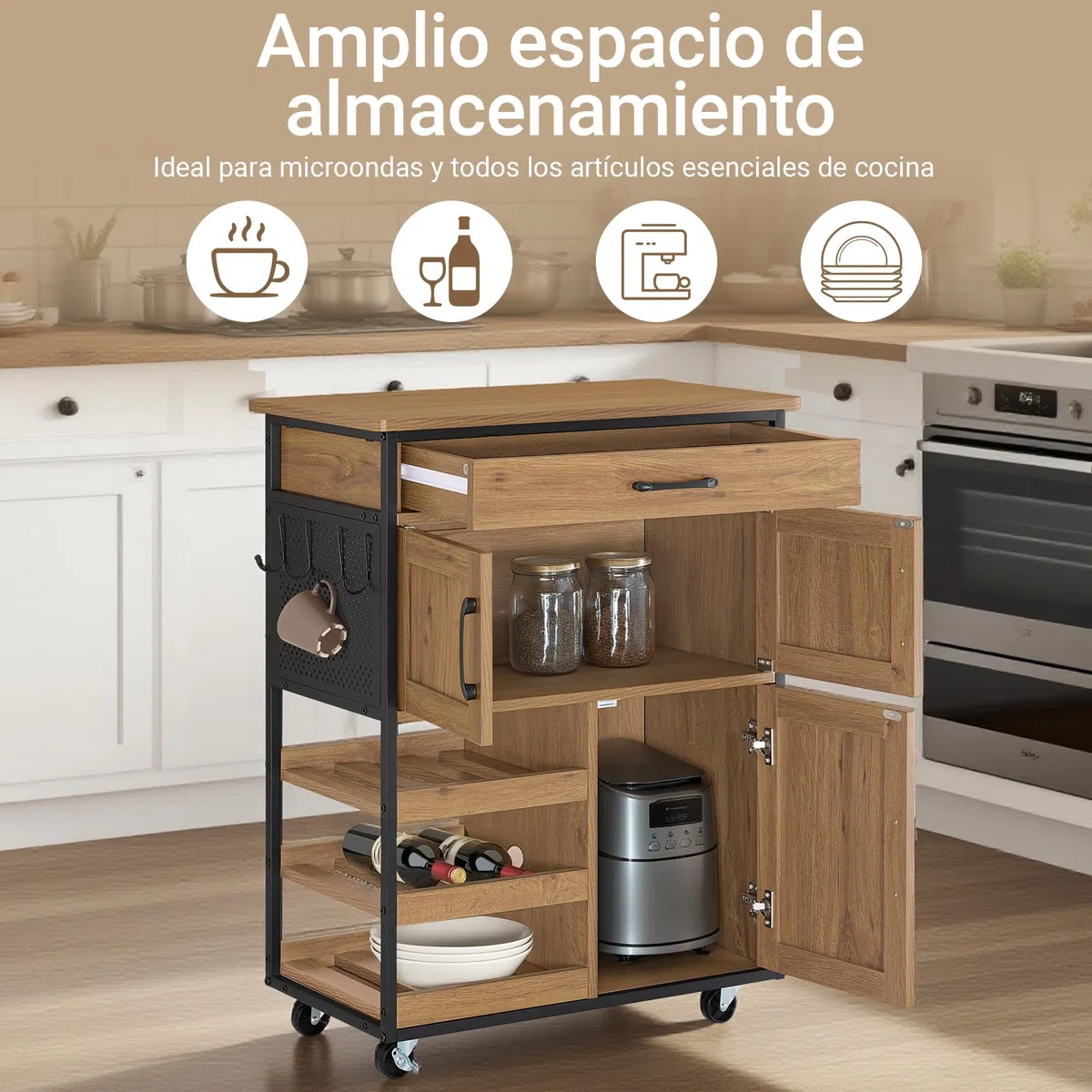 SoBuy Carrito Cocina con Ruedas con Freno & estantes Abiertos, 67x88x37cm | Carro Cocina Auxiliar con encimera, cajón & ganchos, carga 30 kg, estilo industrial, PB/metal, comedor/exterior, FKW134-N