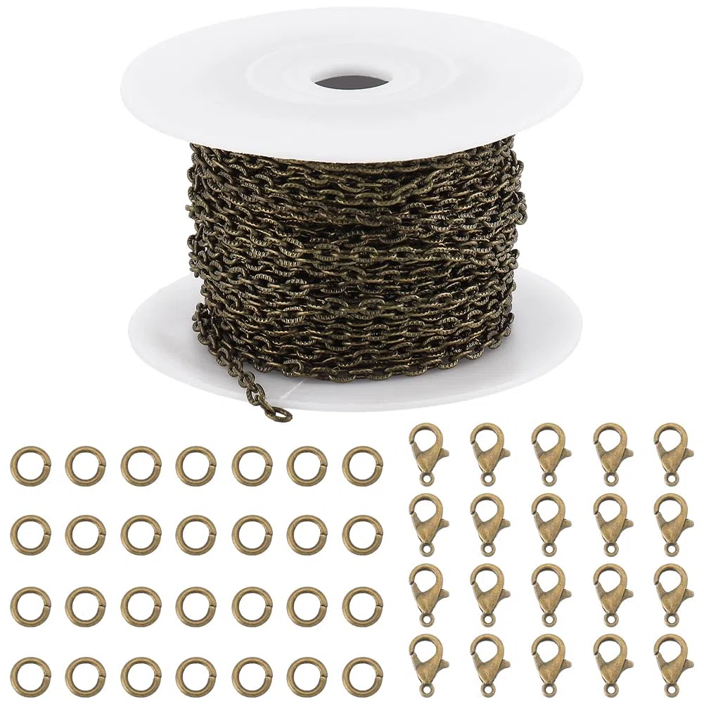 SUNNYCLUE Cadenas de Bronce Antiguo de 32.8 pie/10 m Rollo de Cadena de Joyería A Granel Carrete de Cadena de Cable Texturizado Eslabones de Cadena de 5x3.5 mm Cadena Curvada 20 piezas Cierres de Pinz