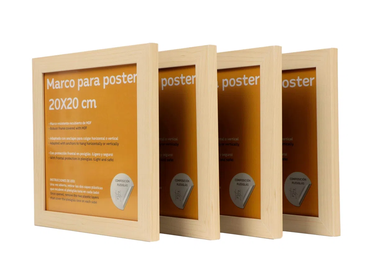 Nacnic - Pack 4 Marcos de Madera MDF Clara y Vidrio Acrílico | Protección y Expositor de Fotografías, Láminas, Pósters, Cuadros y Decoración para Salón, Dormitorio u Oficina | 20x20 cm
