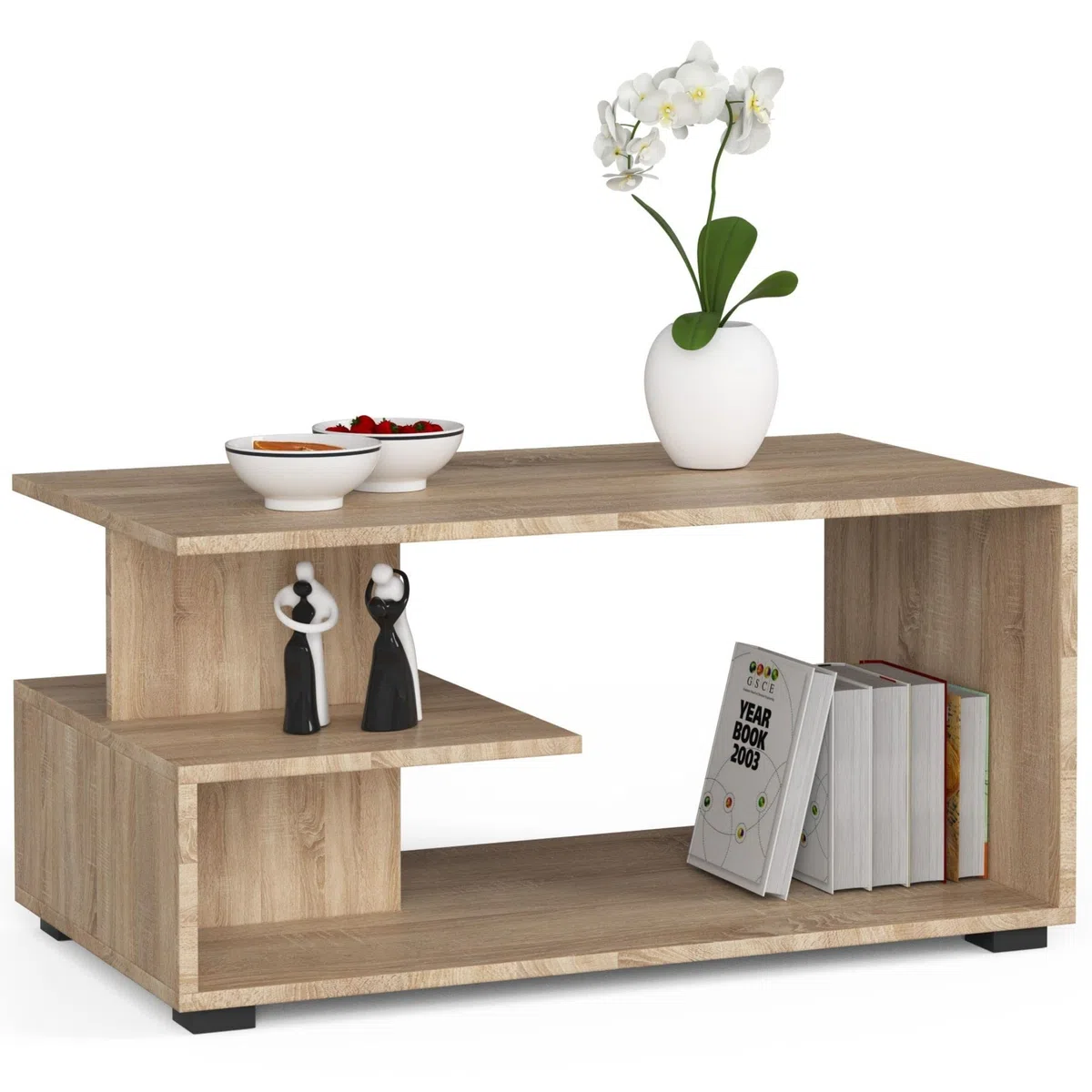 Mesa de café de madera | Mesa de centro moderna | Cómoda para la sala de estar | Decoración del hogar | Mesas de 3 niveles | Tablero laminado de aglomerado de 16 mm | 90 x 45 x 51 cm | Roble Sonoma