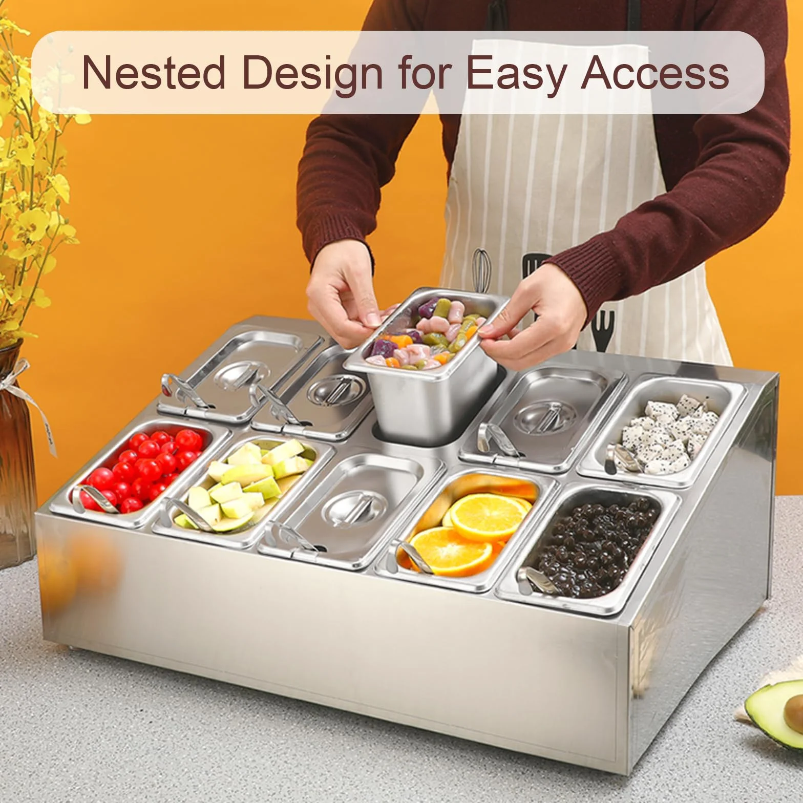 Estación de cobertura de pizza con sartenes y tapas, dispensador inclinado de acero inoxidable para encimera, estante de especias para condimentos, salsa, ensalada, mermelada, ingredientes