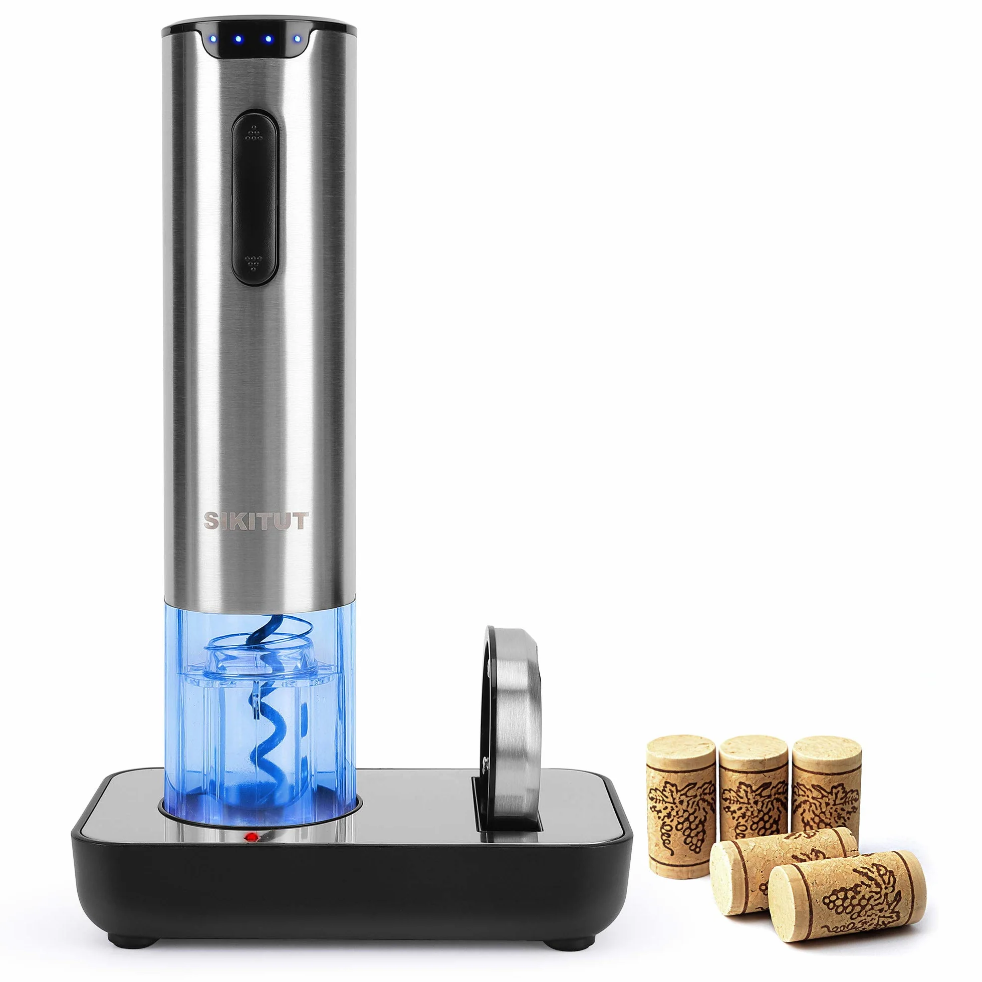 Sacacorchos Eléctrico,SIKITUT Abridor Botellas de Vino Inalámbrico,Automatico Abrelatas de Vino con Indicador LED de Batería y Base de carga USB y Cortador de Papel,Acero Inoxidable