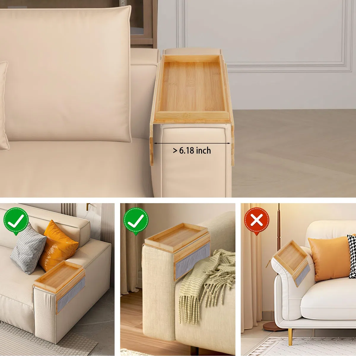Bandeja para Sofá de Bambú Organizador de Reposabrazos Plegable con Bolsillo Lateral, Organizador de Mandos para Bebidas y Aperitivos, Posavasos para Reposabrazos -Base Antideslizante