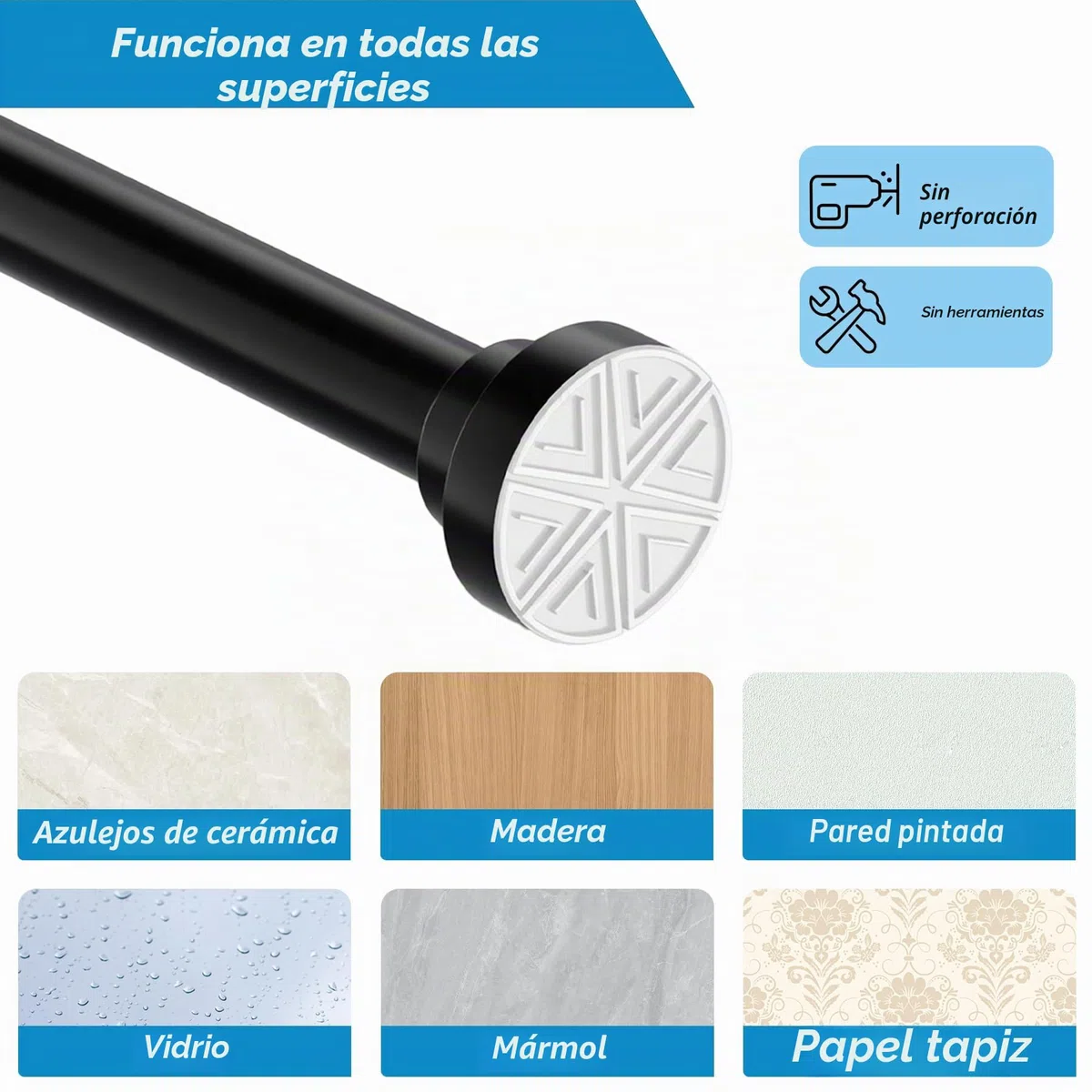 Barra cortina ducha barra extensible palo cortina para baño dormitorio armario Blanco 85-195CM Φ25mm