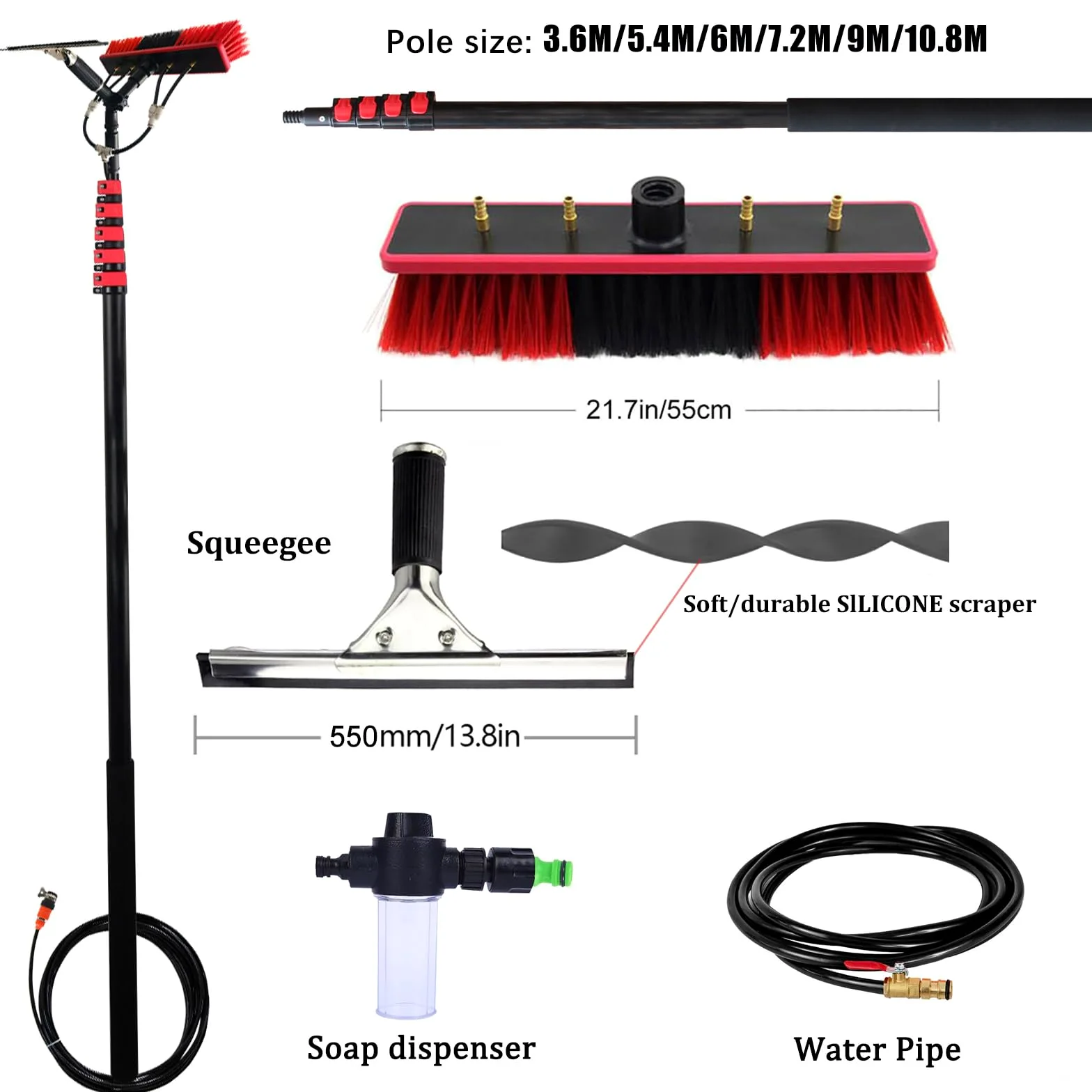 Genérico Cepillo telescópico para Ventanas, hidrolimpiador telescópico, Alcance de hasta 9 m, dispensador de jabón, Paneles solares, Kit con escobilla de Goma, para Lavar Camiones, autobuse