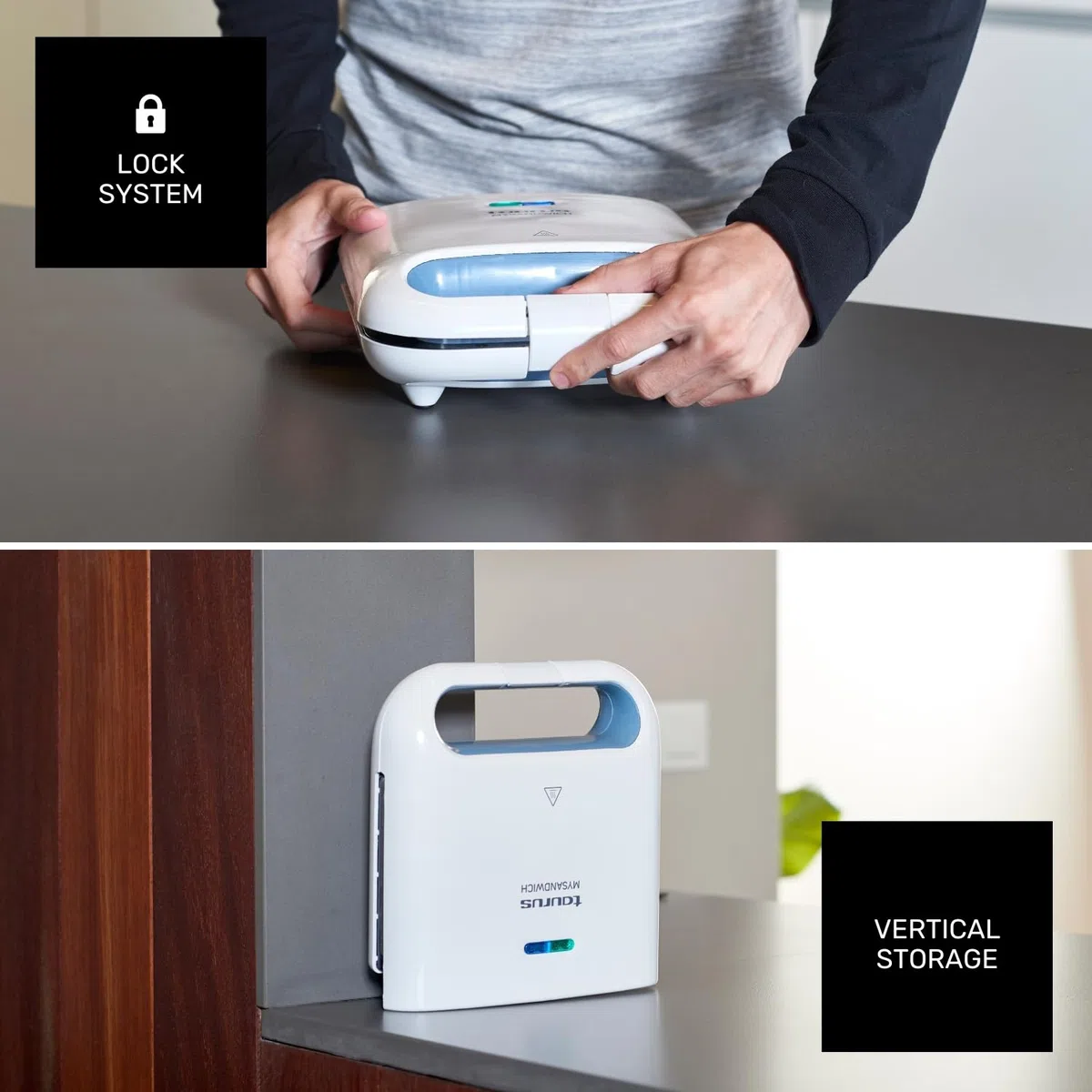 Taurus Mysandwich - Sandwichera eléctrica. 800W. 2 placas cuadradas para hacer 2 sándwiches a la vez. Sellado perfecto. Indicadores de funcionamiento. Placas con recubrimiento antiadherente. Blanco