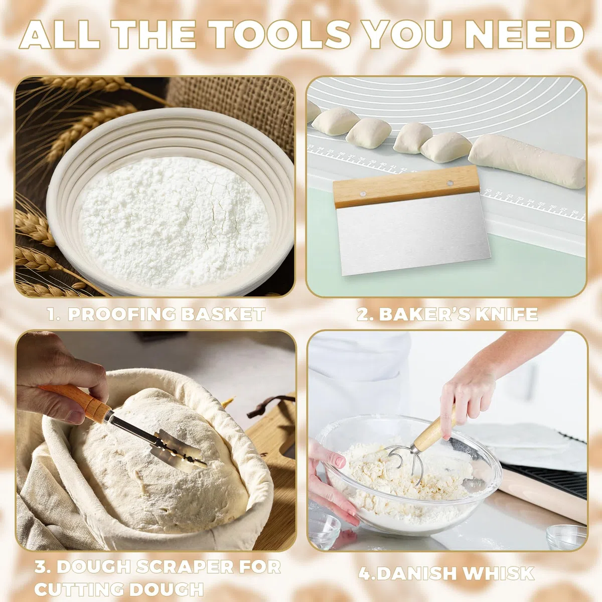 Cesta de fermentación de pan de 8 piezas – Juego de fermentación de pan en casa con 2 cestas de fermentación tarro de levadura madre cuchilla espátula masa batidor masa cepillo y medidor de