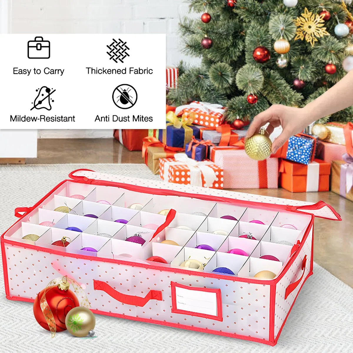 Caja Almacenamiento Bolas Navidad, Caja Transparente Rectangular Con Divisores 64 Compartimentos Organizador Adornos Navidad Plegable Para Decoraciones Navideñas 61x31x17 Cm