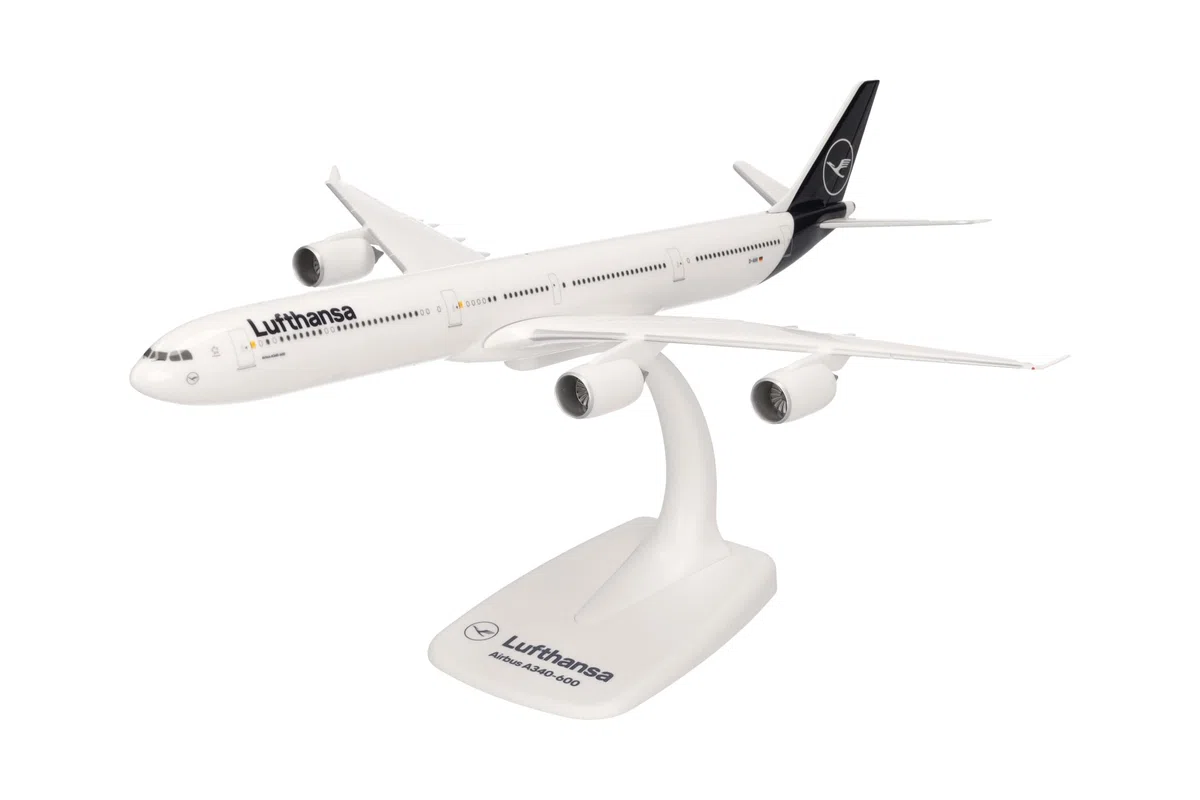 Herpa Miniatura del avión Lufthansa Airbus A340-600 - Snap-Fit, Escala 1/250, Modelo prefabricado, maqueta de colección, modelismo, avión con Soporte, Figura plástico